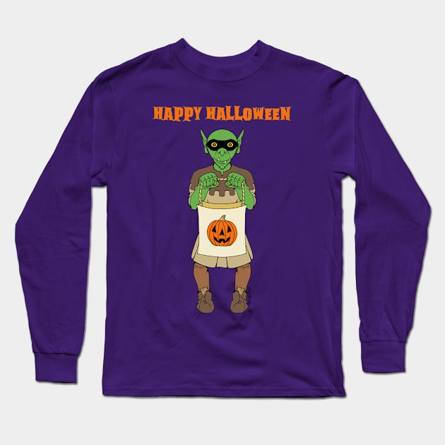 Trick-or-Treating Goblin Happy Halloween Long Sleeve T-Shirt by AzureLionProductions